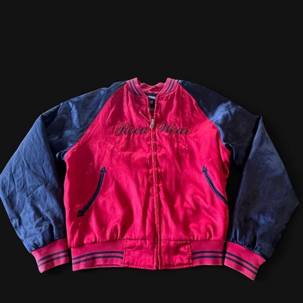 Vintage Rocawear Satin Bomber Jacket Small Red Navy Y2K Streetwear Varsity